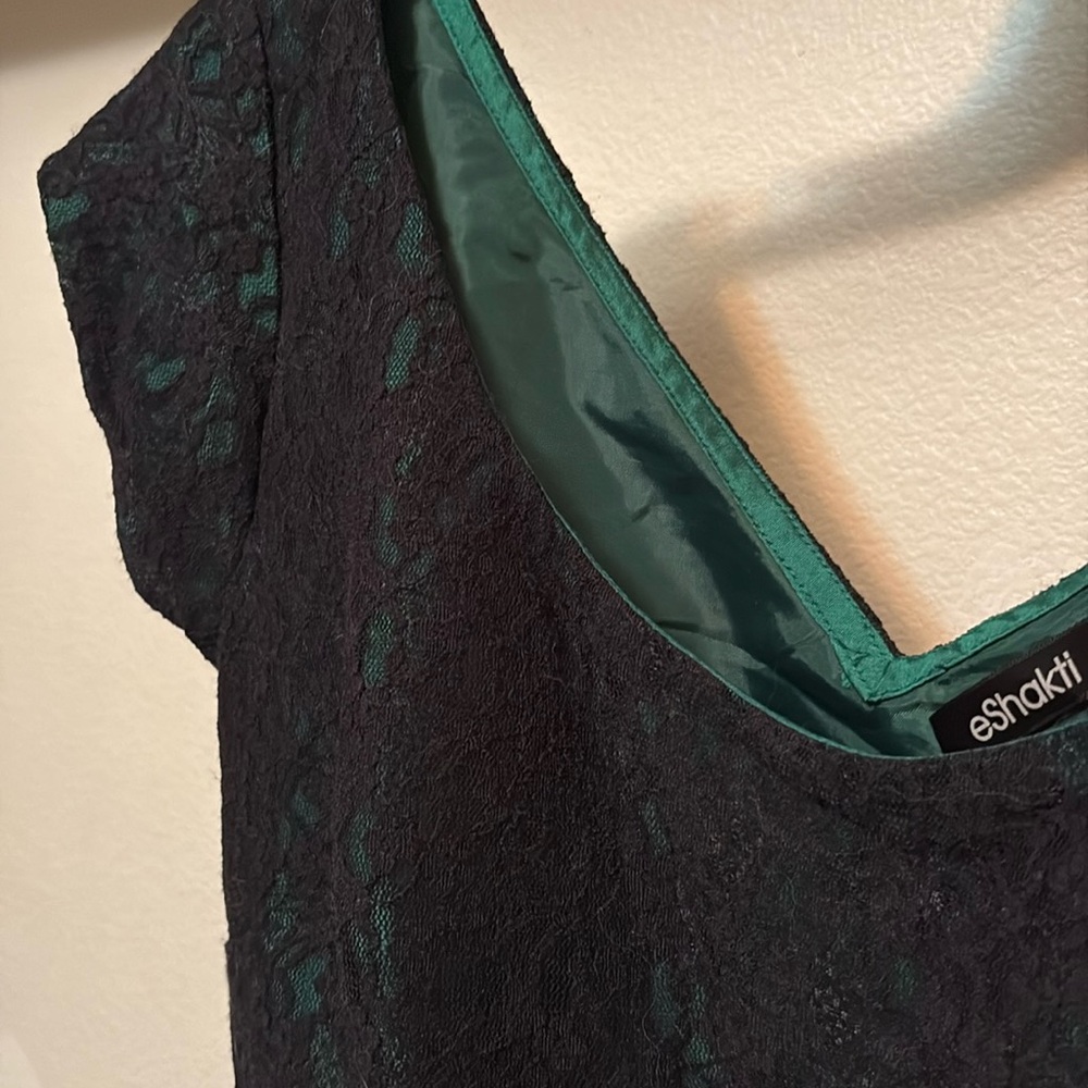 eShakti women's dress size 10 pockets Black lace over Green Ruched waist NWOT 💚🖤 - Picture 4 of 9